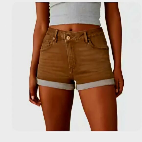 Brown Jean Shorts with Cuffed Hem and High-Waist - Picture 1 of 2
